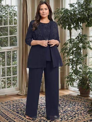3 Pieces Mother of Bride Pant Suits with Jackets Laces Sequin Chiffon Mother of Groom Dresses3