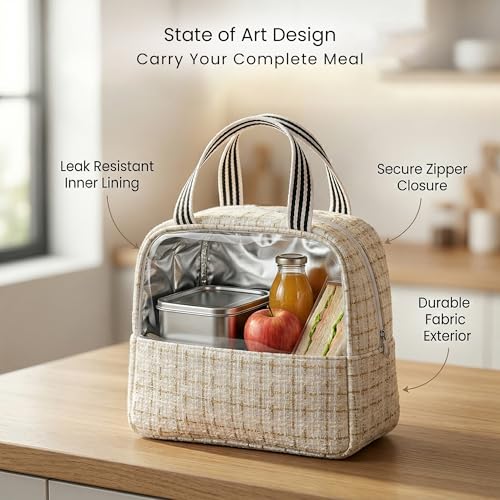 Image of The Earth Store Beige Check Insulated Lunch Bag for Office, Men, Women | Travel Tiffin Bag with Handle, Waterproof & Leakproof | Reusable Thermal Lunch Box Bags