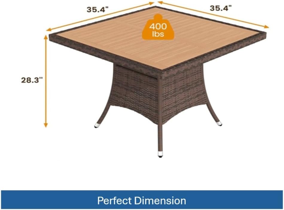 Square Rattan Patio Dining Table with Solid Acacia Wood Top for Outdoor Entertaining