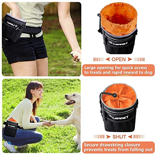 Dog Treat Pouch Pet Training Bag for Small to Large Dogs, Treat Tote Carry Kibble Snacks Toys for Training Reward Walking, Metal Clip, Waist belt, Shoulder Strap, Poop Bag Dispenser, Black with Orange - Thumbnail 3