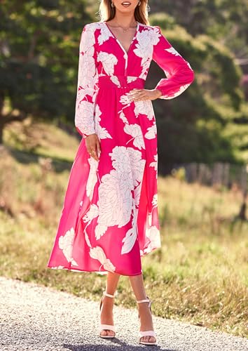 PRETTYGARDEN Women's Floral Midi Dress Casual Fall V Neck Long Sleeve Flowy Spring Beach Wedding Guest Vacation Dresses