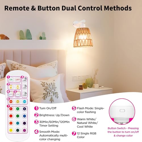 Image of Battery Operated Wall Sconce Set of 2, Boho USB Rechargeable Wall lamp, White Farmhouse Rattan Sconce Lighting with Remote, RGB 15 Colors Modes Rechargeable Wall Lights for Bedroom Livingroom Hallway