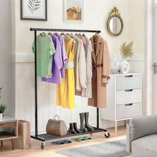 Image of Ekisemio Clothing Garment Rack on Wheels, Heavy Duty Clothes Organizer with Bottom Mesh Shelf for Hanging Clothes, Side with 2 Extend Hooks, Black