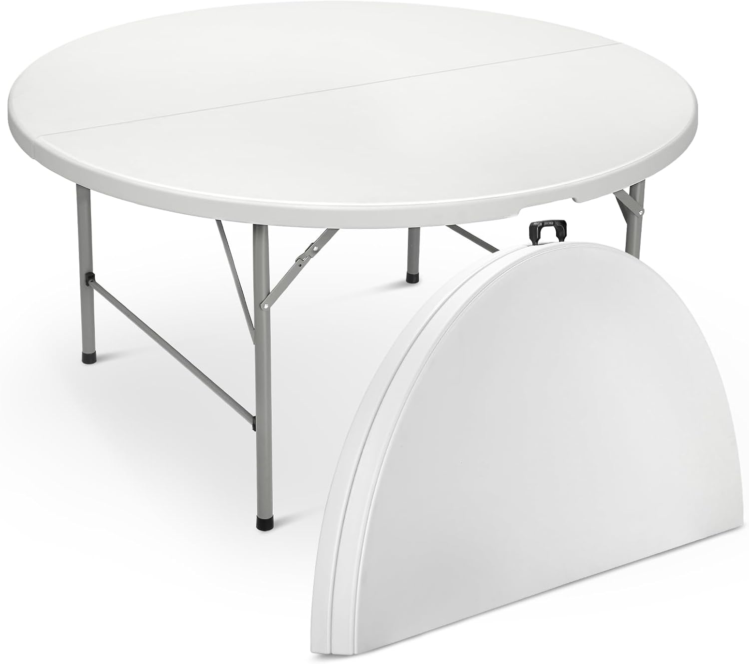 Magshion 60" Round Folding Table, 5 Feet Bi-Folding Plastic Commercial Dining Card Table w/Carrying Handle for Outdoor Wedding Party Event Picnic, White/Gray