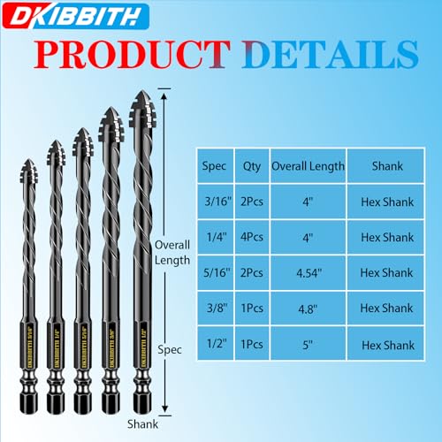 DKIBBITH 4-Flute Serrated Masonry Drill Bit Set (10-Piece, Black) - 3/16" to 1/2" for Concrete, Tile, Brick, Glass, Ceramic