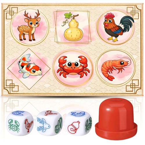 pldnhzua BAU Cua Ca Cop Dice Game Set Vietnamese Lunar New Year Party Game with 15.7 x 23.6 in NonSlip Mat Dice Shaker Cup & 3 Dice (Fish Shrimp Crab Rooster Gourd Deer)