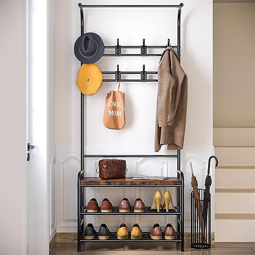 GarveeHome - Perchero para banco (4 en 1, con 8 ganchos y barra colgante, armario de entrada, almacenamiento de zapatos, para pasillo/dormitorio, estilo rural, color marrón