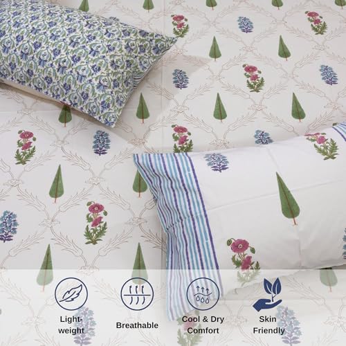 Image of TOAI Hand Block Printed Bedsheet | Bed Spread Flatsheet Bed Sheet | Pure Cotton | Queen Size 90 inchx108 inch | 300 TC Long Staple Cotton | 2 Reversible Pillow Covers |Adil Jaal (Beige Multicolor)