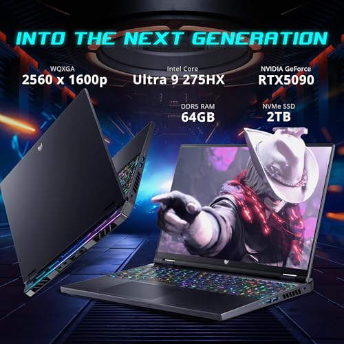 Image of Acer Predator 16 AI 16 inch WQXGA Gaming Laptop, Intel Core Ultra 9-275HX, Geforce RTX 5090, 64GB RAM, 3TB Storage(2TB SSD+1TB Docking Station Set), Per-Key RGB Keyboard, Wi-Fi 7, Win11 Pro, Black