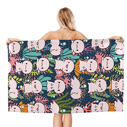 Image of MISOLAXI Axolotl Beach Towels for Women Boys Girls 32 inchX52 inch, Vacation Essentials Quick Dry Soft Fluffy Sand Free Oversized Bath Pool Swim Towel Gift Cruise Accessories