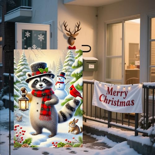 Image of BlissYard Winter Yard Flag Raccoon Lantern Cardinal 12x18 Inch Polyester