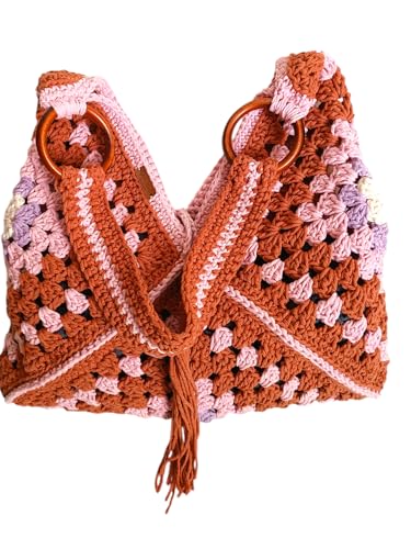 Bolsa Ombro Crochê feminina Square Barbante (tonalidade telha)