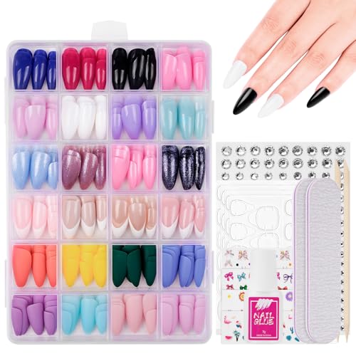 BUTBU 288 Piezas Uñas Postizas Almendras Puntiagudas, 12 Tamaños Uñas Postizas de Color Sólido a Presión, 24 Colores Uñas Artificiales Cobertura Total con Pegamento, para Salones Uñ-as, Manicuras DIY