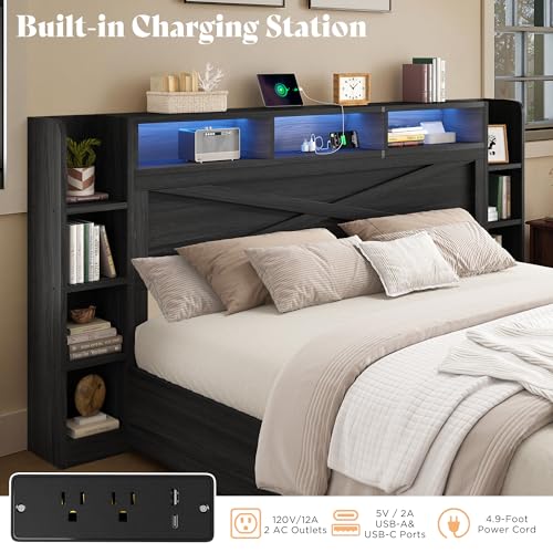 Image of AMERLIFE 45'' Farmhouse Queen Bed Frame with 4 Drawers, LED Bed Frame with Bookcase Headboard & Side Shelves, Wood Platform Bed with Charging Station, Black