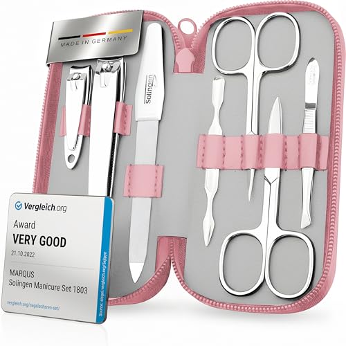 Solingen Set Manicure Uomo e Donna – Kit da 7 Pezzi con morbido Etui in Vera Pelle. Include Forbicine e strumenti di qualità per Mani e Piedi. Perfetto per viaggi e cura elegante delle Unghie