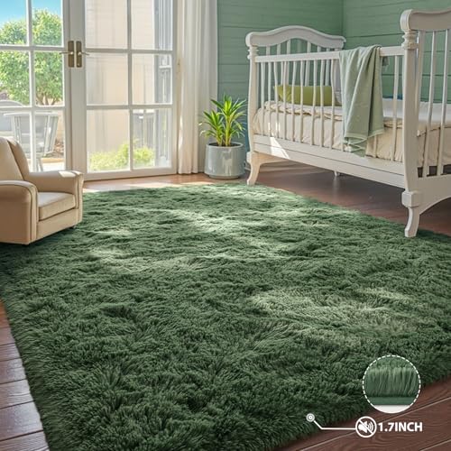 9x12 Area Rugs for Living Room Green Fluffy Shag Rug,Plush Bedroom Grass Carpet for Kids Teens Indoor Classroom Home Decor Aesthetic