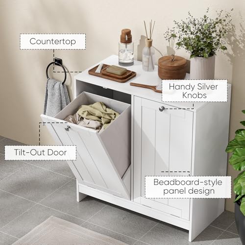 Image of Smart FENDEE Double Tilt Out Laundry Hamper Cabinet, 11.8 Gallon Hidden Trash Cabinets with 2 Baskets for Kitchen, Freestanding Small Bathroom Storage Cabinet Unit, White