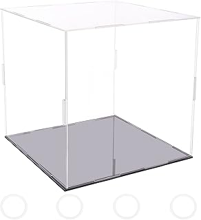 FINGERINSPIRE Clear Acrylic Display Case with Black Base & 4 Pcs Rubber Rings 10x10x10 Inch Cube Clear Self-Assembly Acrylic Box Dustproof Protection Showcase for Action Figures Collectibles Toys