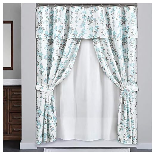 Lush Decor Weeping Flora Double Swag Shower Curtain with Peva Lining & Rings, Blue & Gray, 16 Pieces, Blue and Gray 6 6