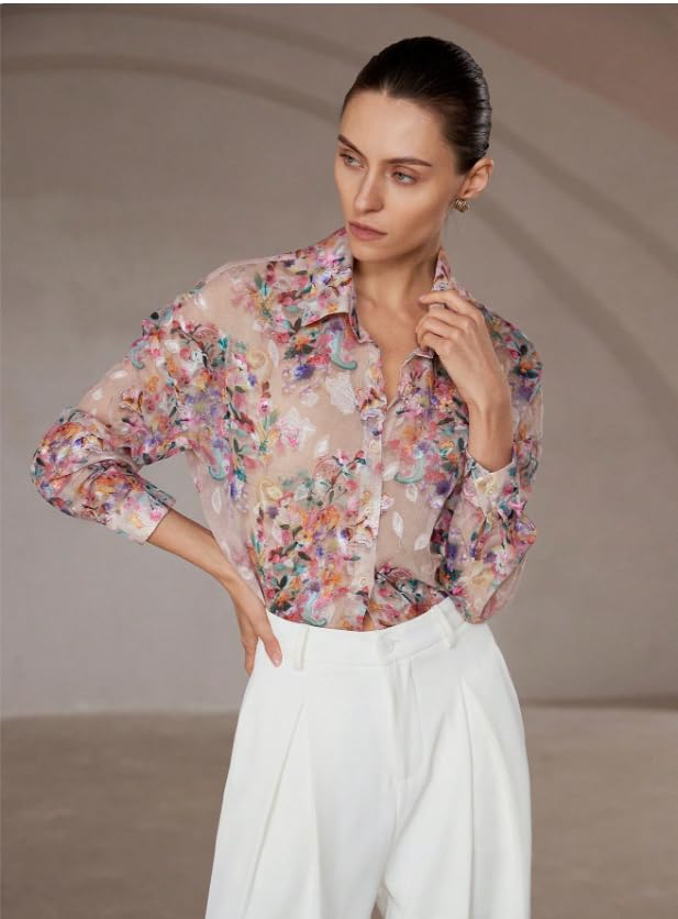 Image of Women Shirt || Women Top ||Floral Print Polo Collar Shirt, Casual Long Sleeve (S-26-28)