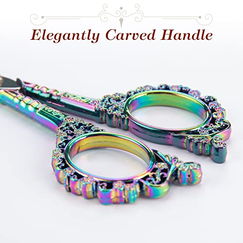 Image of Embroidery Scissors - 4.5In Cute Vintage European Style Sewing Plum Blossom Sharp Stainless Steel Small Scissors for Fabric Knitting Cross Stitch Craft Art Work Needlework (Rainbow Color) (Pack of 2)