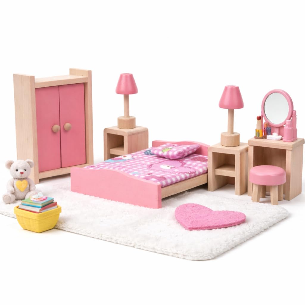 Joinpaya Wooden Dollhouse Furniture Bedroom Set, 5 Pcs Pink Miniature Doll House Accessories with Bed, Wardrobe, Nightstands and Lamps, Educational Pretend Play Toys for Toddlers & Kids