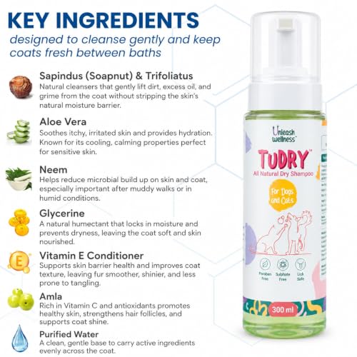 Image of TuDry 300ml | Dry Shampoo for Dogs & Cats | Anti Bacterial, Fungal Care | Lick Safe Hypoallergenic Formula | Removes Dirt & Odor | Dog Shampoo for Itchy Skin | Provides Shiny Coat