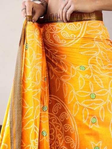 Image of SAREE MALL Women's Cotton Bandhani Printed Ready To Wear one Minute Saree With Unstitched Blouse