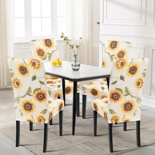 Image of SearchI Printed Dining Room Chair Covers Set of 4, Stretch Kitchen Chair Covers Washable Parsons Chair Slipcover Removable Dining Chair Protectors for Hotel,Ceremony(Sunflower)