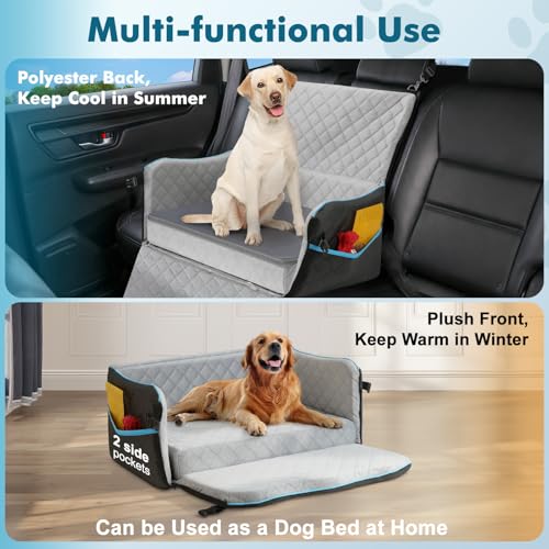 Tivray Hundesitz für Auto, Hundebett für große Hunde bis 27 kg oder 2 kleine Hunde, komfortabler Autositz mit Memory-Foam-Polster, abnehmbar & waschbar, Rückbanksitz für Haustiere, Schwarz+Grau