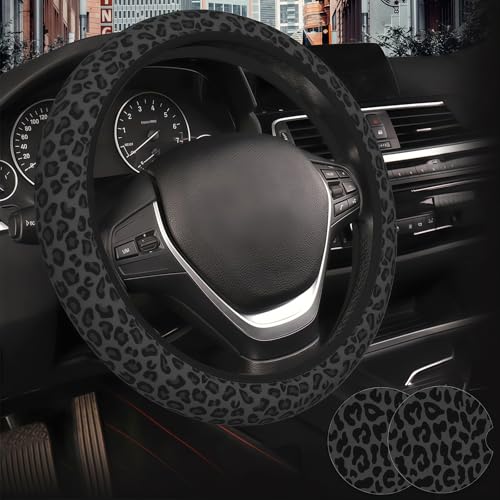Black Leopard Print Cheetah Steering Wheel Cover for Women Anti-Slip Breathable High Elastic Neoprene Car Steering Wheel Cover Universal 15 Inch for Cars SUVS Includes 2 Ceramic Cup Coasters