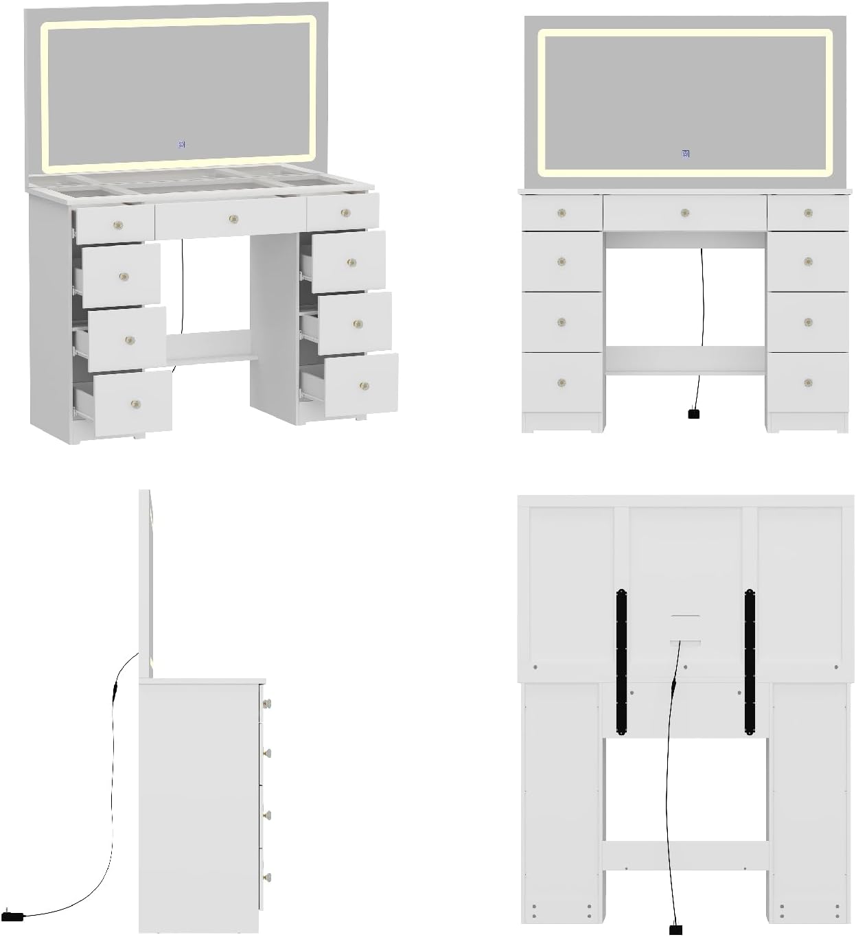 Rear view of vanity desk with mirror and power cable