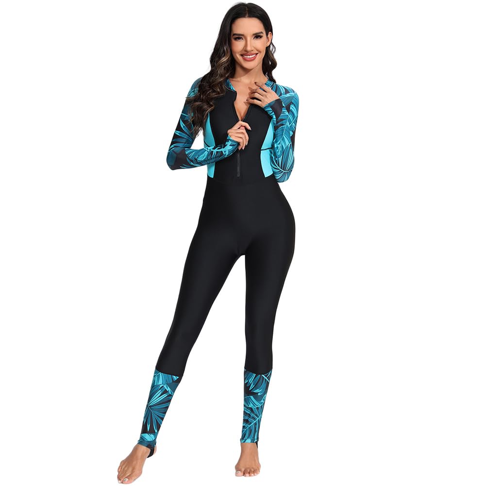 IMEKIS Maillot de bain intégral à manches longues pour femme - Style tropical - Rembourré - Protection UV UPF 50 - Fermeture éclair - Surf
