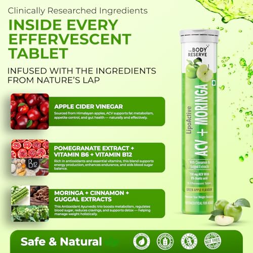 Image of The Body Reserve ACV Moringa Effervescent Tablets - Apple Cider Vinegar, Cinnamon, Moringa, Pomegranate | Supports Metabolism, Cravings, Digestion & Immunity | Green Apple Flavor | Pack of 4 (60 Tablets)