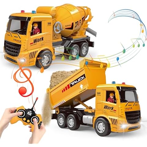 lausomile Remote-Control-Dump-Truck and Friction-Powered Cement-Mixer Truck Toy Set,RC Construction-Vehicle with Realistic Lights and Sounds,Birthday for Toddlers Boys Girls Ages 3-12 Year Old Cover