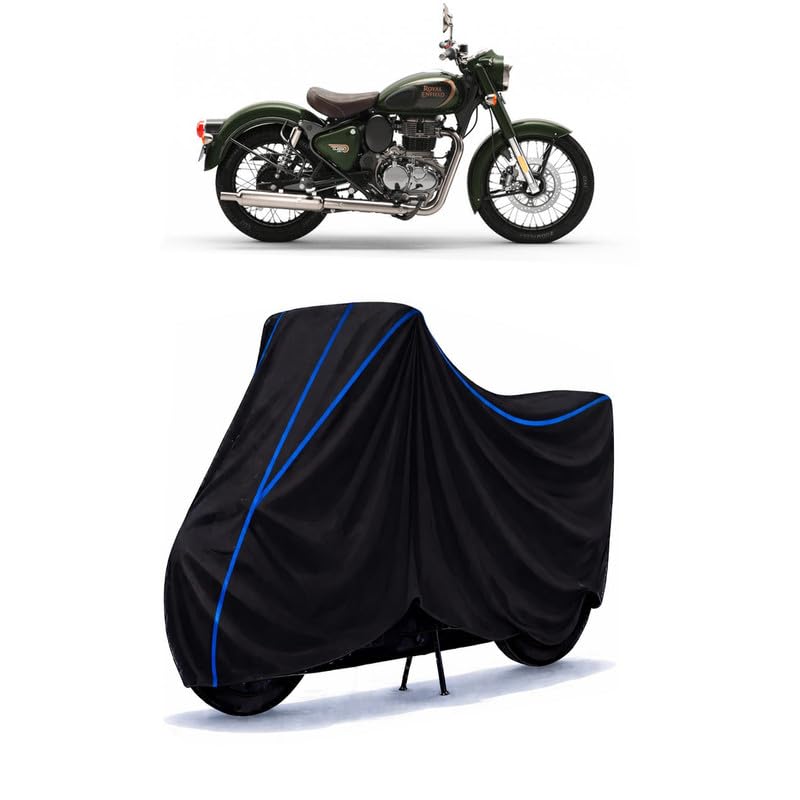 Image of Classic Stealth Bike Cover Water Resistant Universal Motorcycle Rain | Heavy Duty UV Protection, Dust, Scratch Indoor Outdoor All Weather with Black Blue Piping Elastic