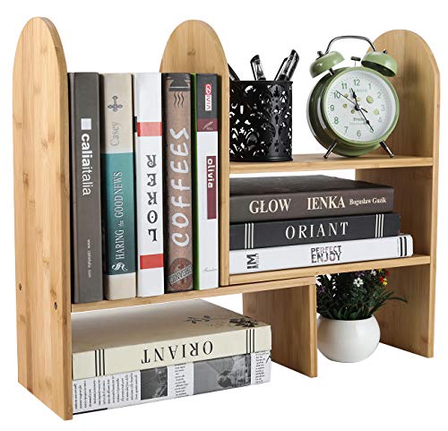 EasyPAG Desktop Bookshelf Desk Storage Organizer Adjustable Bamboo Desktop Display Shelf Rack Counter Office Storage Rack Top Bookcase - Free Style Display Natural Stand Office Supplies Desk Organizer