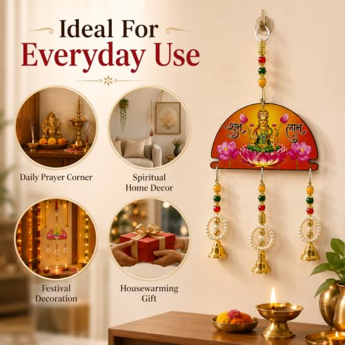 Image of Religious Door Hanging Decor with Pearl Beads & Tassel, Wooden Wall Hanging for Home Temple, Pooja Room, Entrance, Mandir Decoration & Spiritual Gift, Goddess Lakshmi Shubh Labh