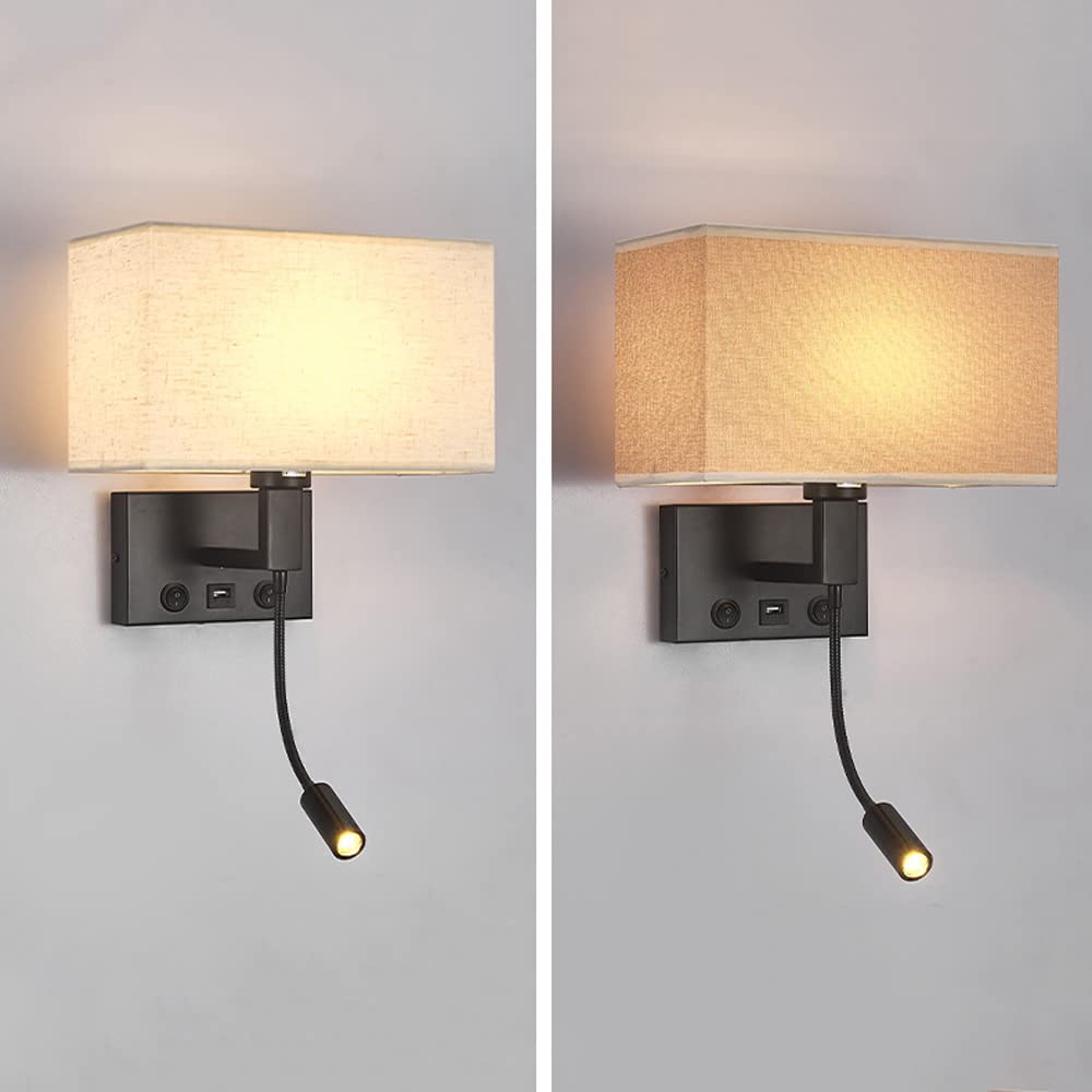 Prostokątna lampa ścienna z czarnej tkaniny z podwójnym przełącznikiem i portem USB, idealna do sypialni, salonu, biura lub hotelu.
