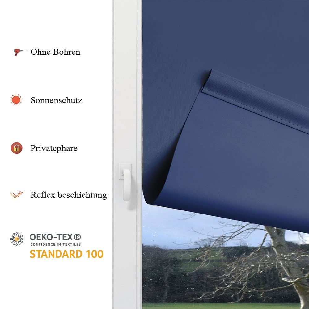 Eurohome Store enrouleur occultant thermique - 45 x 160 cm (largeur du tissu 41 cm) - Bleu foncé - Klemmfix sans perçage - Avec revêtement de la même couleur - Store à traction latérale - Oeko-TEX