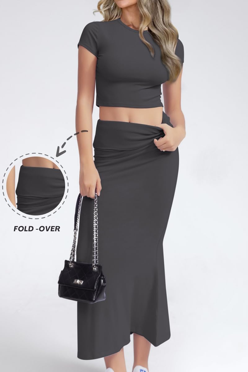CHYRII Womens Two Piece Sets Short Sleeve Crewneck Cropped Top Bodycon Fold Over Maxi Skirt Maxi Dress Outfit - Image 2