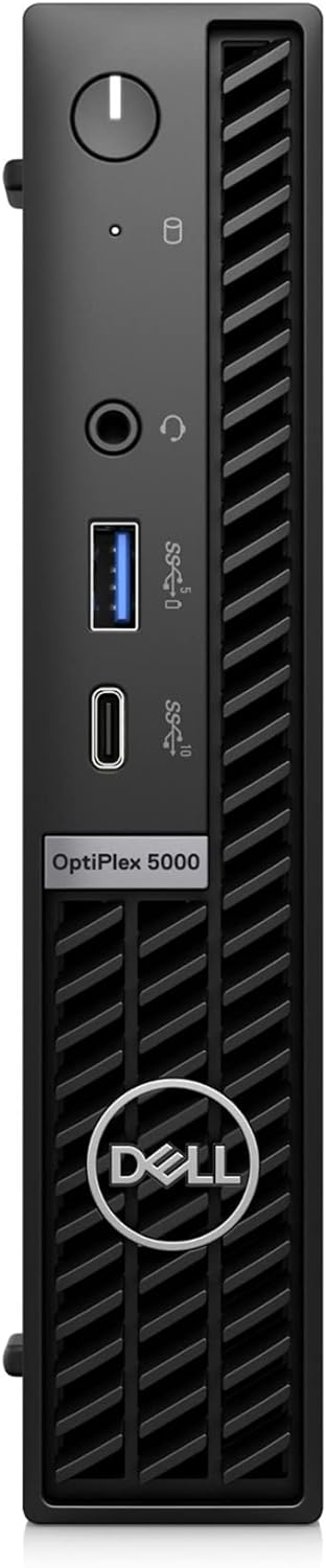 Front view of the Dell OptiPlex 5000 Micro PC, highlighting the power button and front ports.