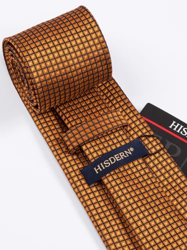 Image of HISDERN Plaid Ties for Men Classic Checkered Tie and Pocket Square Cufflinks Tie Clip Set Woven Men's Necktie Business