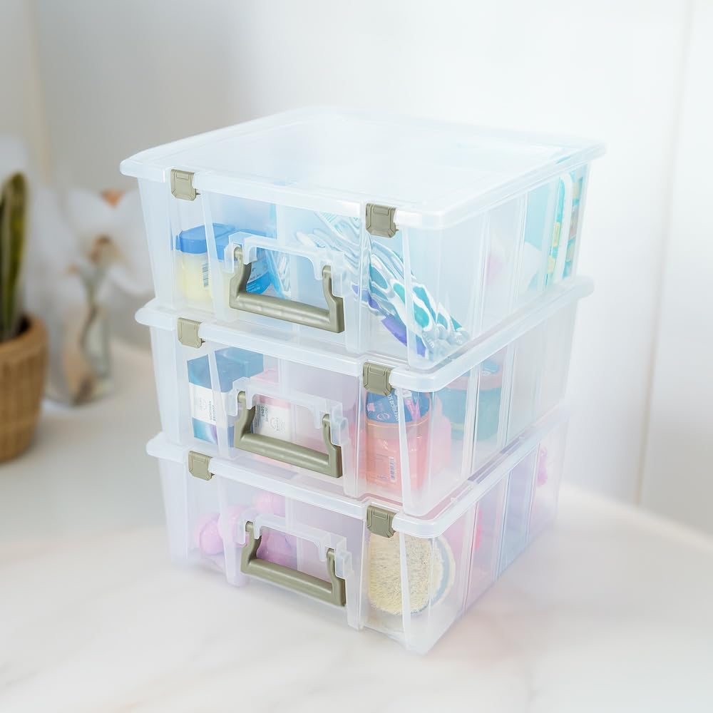 ArtBin Super Satchel Double Deep 3-Pack, organizer portatili per arte e artigianato con manici, [3] custodie in plastica, accenti rosa, trasparente e oro