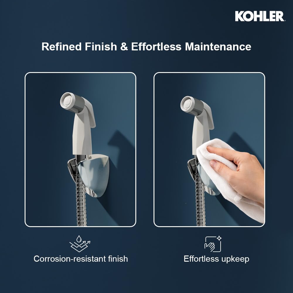 Kohler 12925IN-CP Complementary Health Faucet for Toilet | Ideal Toilet Jet Spray for High Water Pressure | Bathroom Jet Spray with Flexible Metal Hose and Holder, White, 1 M Hose 4