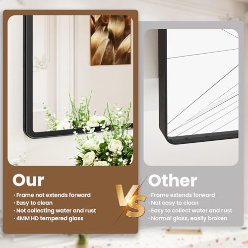 New Upgrade Bathroom Mirror, 24X36 Inch Black Metal Frame Wall Mounted Rounded Rectangle Bathroom Vanity Mirror with Tempered Glass for Washroom Bedroom Living Room