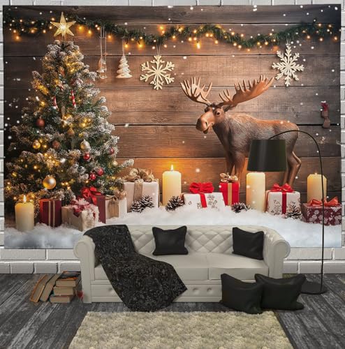 Sapin de Noël champêtre tissu mural durable et lavable grande tapisserie 150x130cm