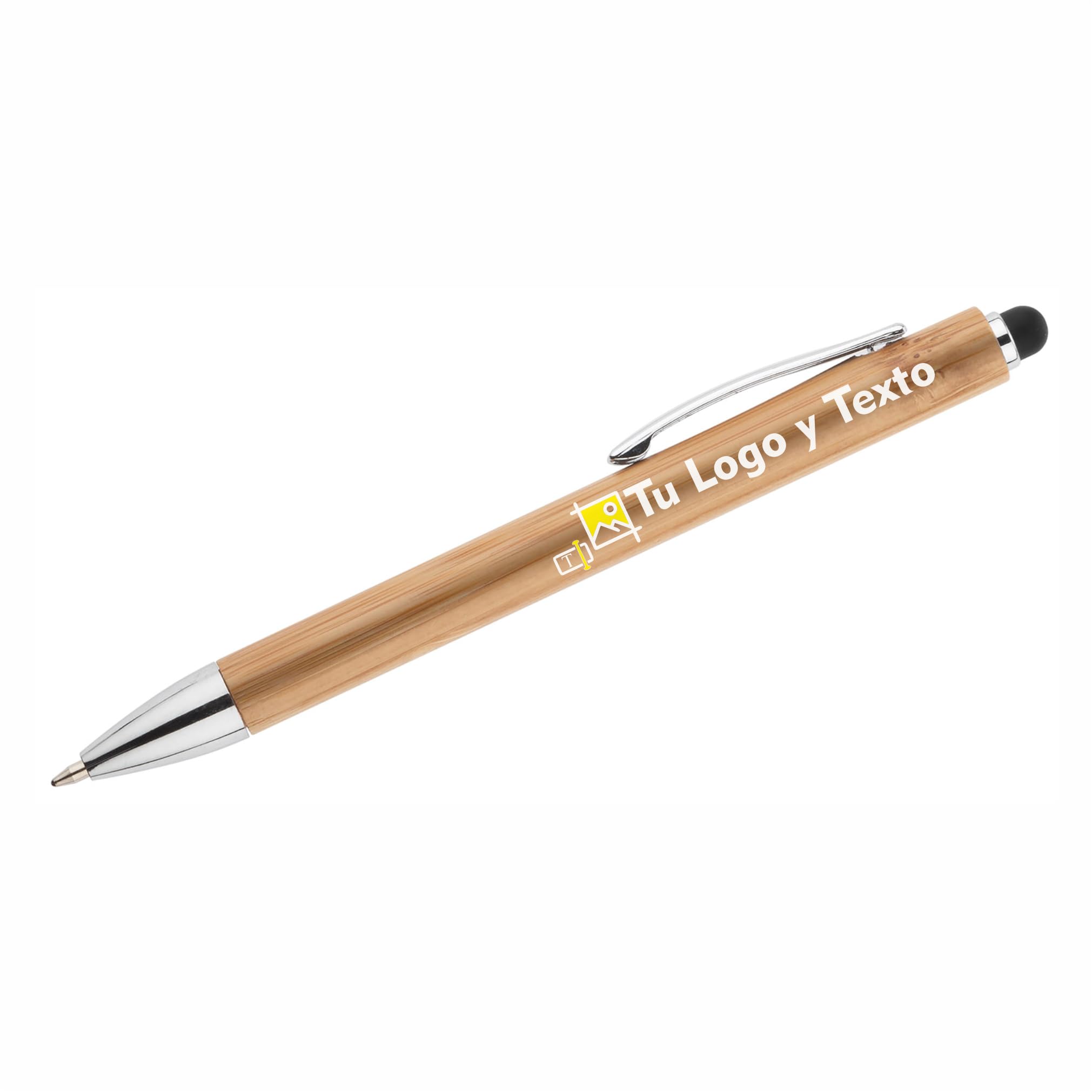 Pack de 100 Bolígrafos de Bambú con Punta Táctil, Bolígrafos Ecológicos Personalizables con Logo, Regalos Publicitarios y Promocionales para Empresas, Ferias, Eventos y Merchandising