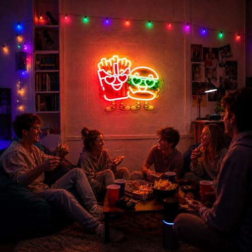 Image of Neon Sign, Hamburger French Fries Neon Signs for Wall Decor - LED Signs for Business, Restaurant, Kitchen, Party - USB Powered Light Up Sign Decorations