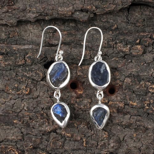 Boucles d'oreilles labradorite brute en argent 925 fait main